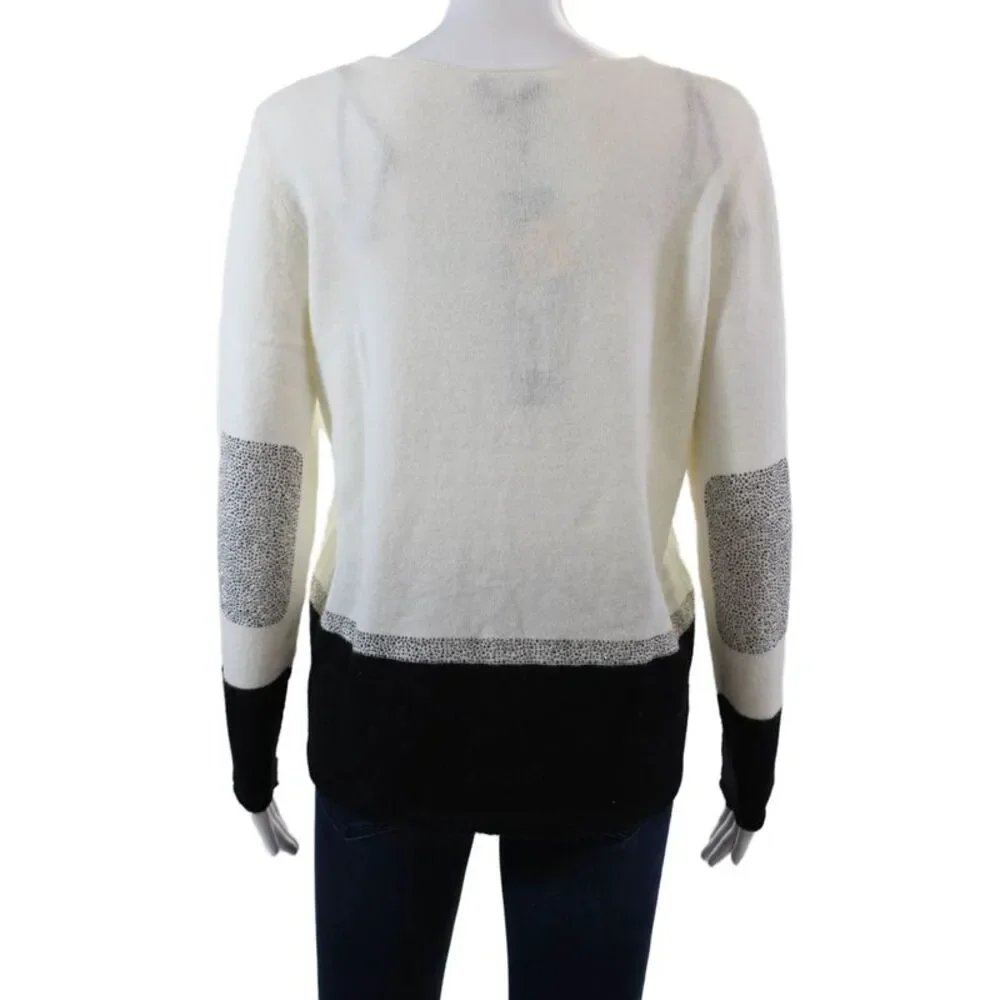 Renuar Womens Colorblock V-Neck Rhinestone Detailed Sweater White Size S